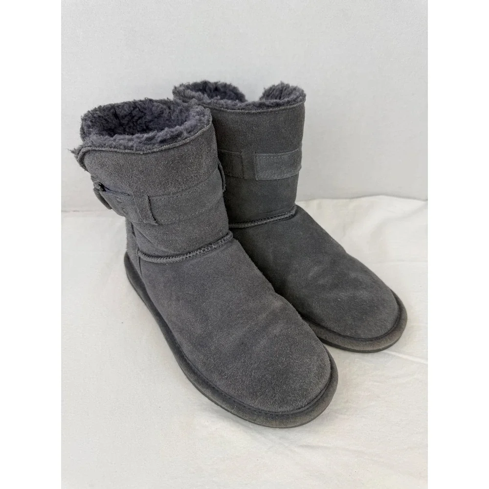 Bearpaw Womens Gray Suede Winter Boots Side Buckle Wool Blend Lining Size 8‎